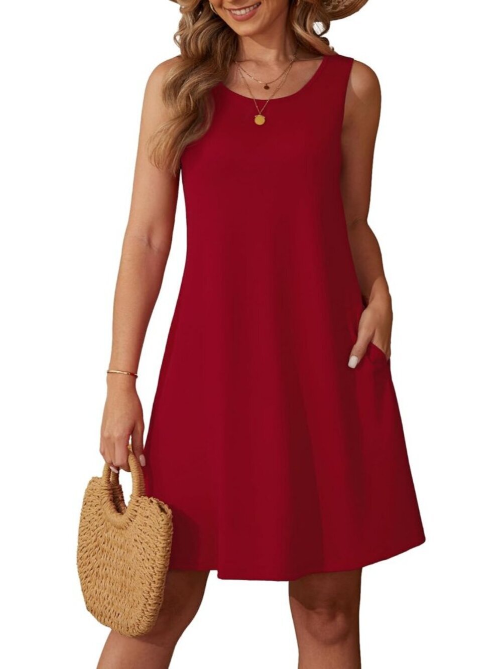 Women's Red Stylish Casual Sleeveless Tank Round Neck Knee Length Mini Dress